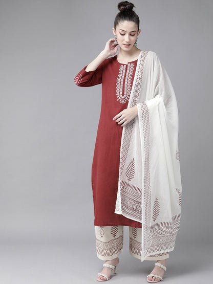 Women's Maroon & Offwhite Embroidered Kurta Set