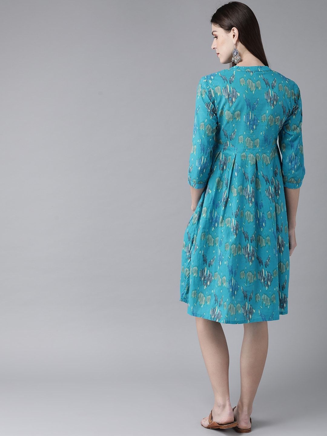 Women's  Blue & Green Printed A-Line Dress