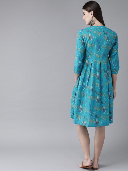 Women's  Blue & Green Printed A-Line Dress