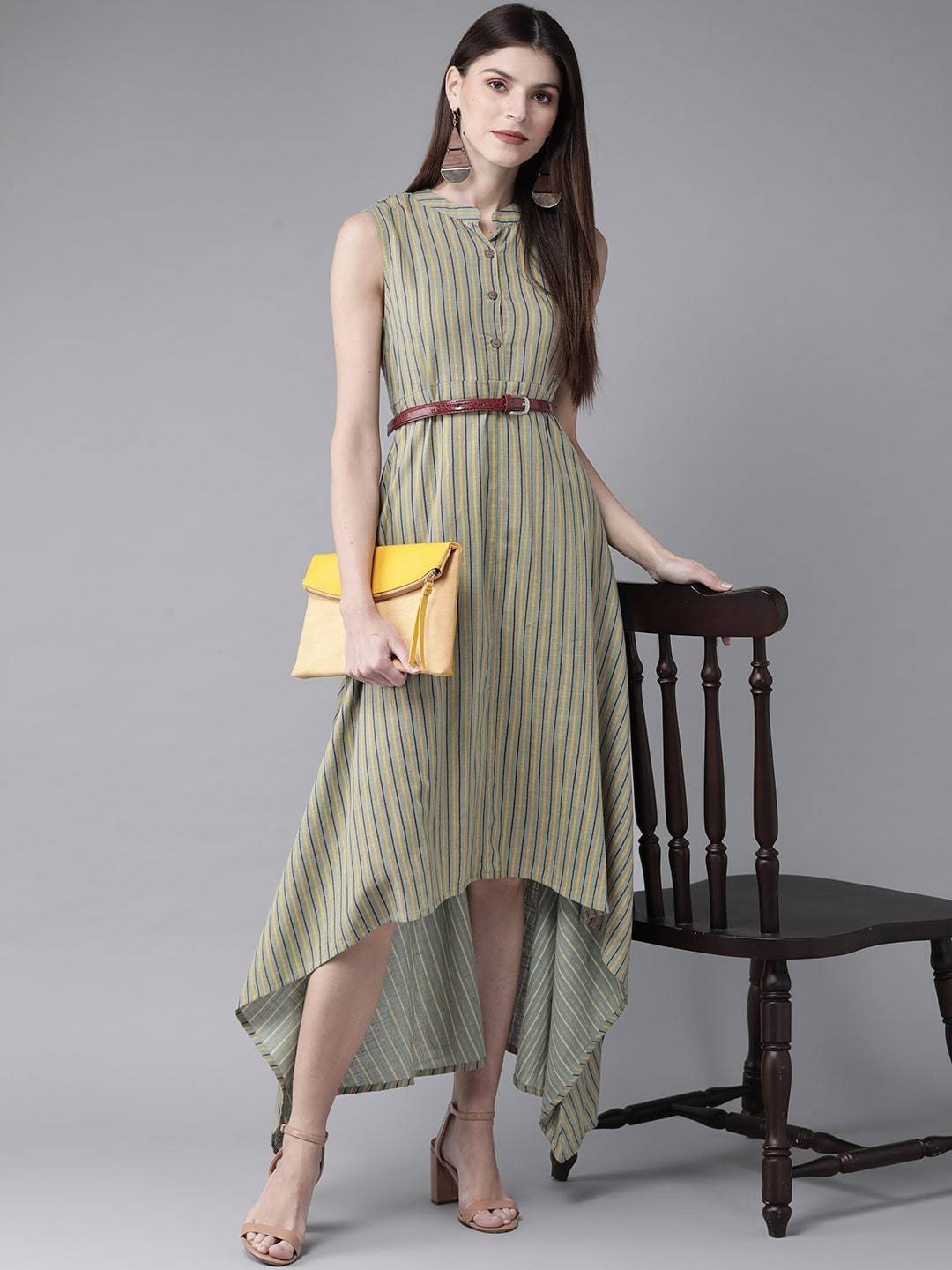 Women's  Green & Yellow Striped Maxi Dress