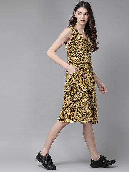 Women's  Yellow & Black Animal Printed Wrap Dress