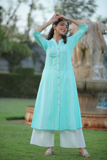 Buy_Women's_Aqua_Cotton_Dobby_Printed_A-Line_Kurta_With_Mask_Online_Trendia
