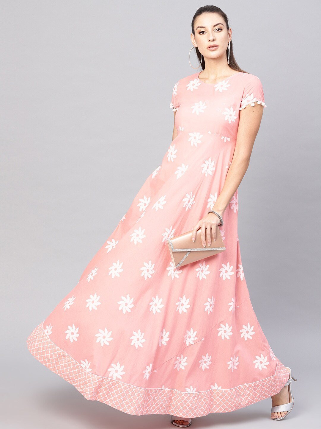 Women's  Peach-Coloured & White Floral Khari Print Maxi Dress