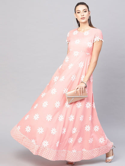 Women's  Peach-Coloured & White Floral Khari Print Maxi Dress