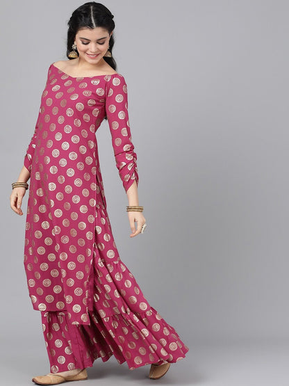 Women's  Magenta & Gold Foil Print Off-Shoulder Straight Kurta