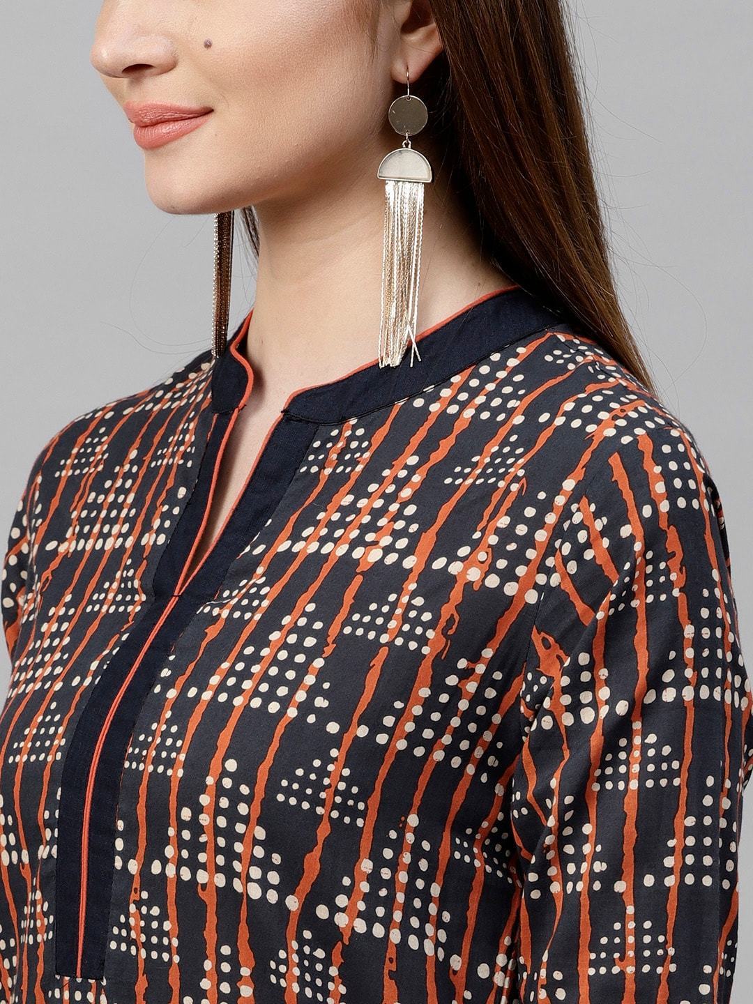 Women's  Navy & Orange Printed Kurta with Palazzos