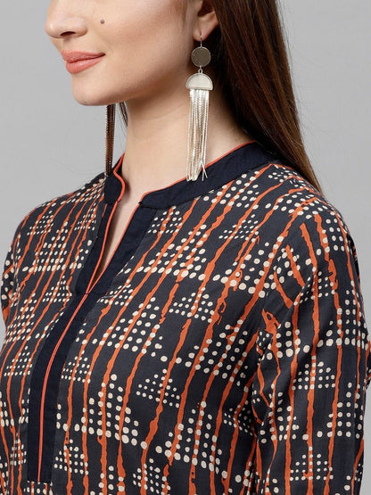 Women's  Navy & Orange Printed Kurta with Palazzos