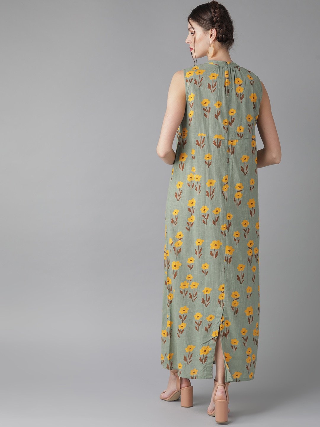 Women's  Green & Mustard Yellow Printed Maxi Dress