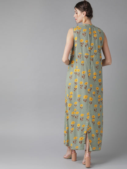 Women's  Green & Mustard Yellow Printed Maxi Dress