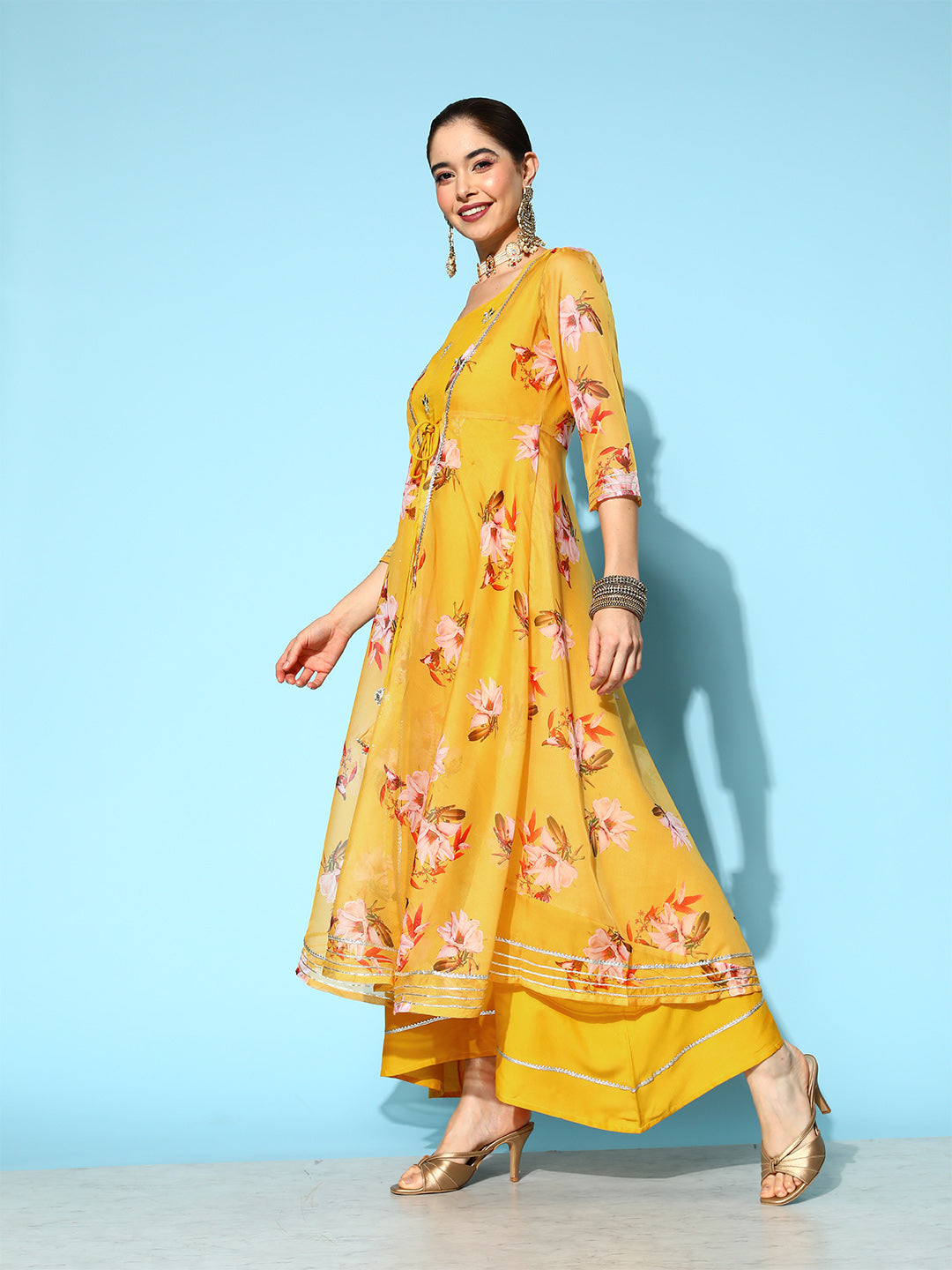 Women's Yellow Floral Fit And Flare Dress