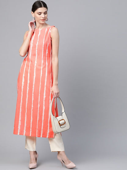 Women's  Coral Pink & White Leheriya Print Straight Kurta