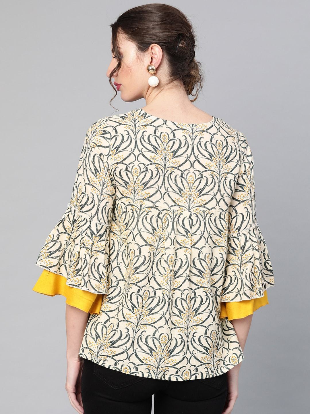 Women's  Cream-Coloured & Navy Blue Printed Tunic