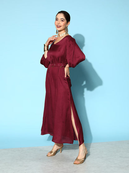 Women's Maroon Solid A-Line Dress
