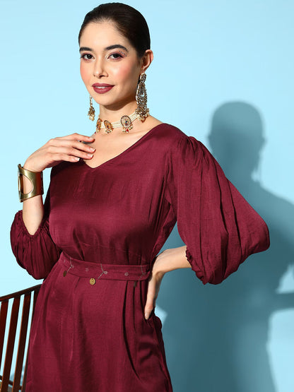Women's Maroon Solid A-Line Dress