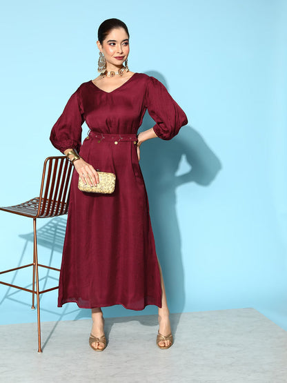 Women's Maroon Solid A-Line Dress