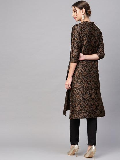 Women's  Coffee Brown & Black Woven Design Reversible Straight Kurta