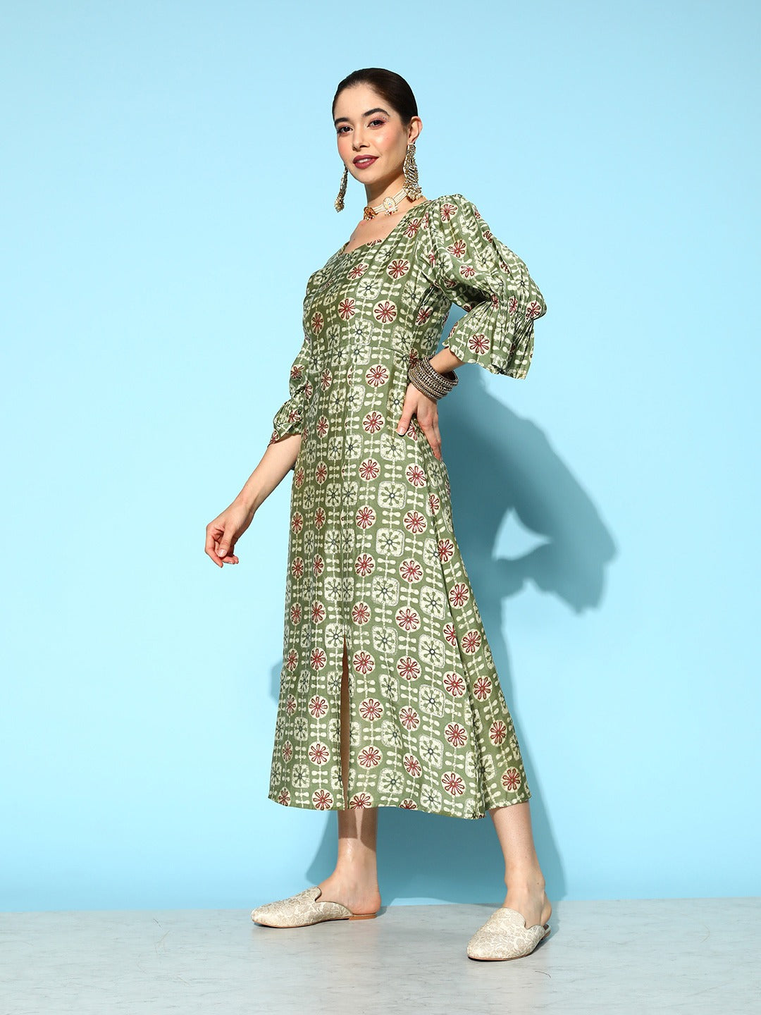 Women's Green Ethnic Motifs A-Line Dress