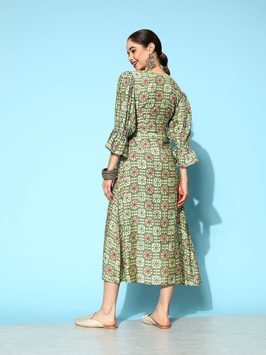 Women's Green Ethnic Motifs A-Line Dress
