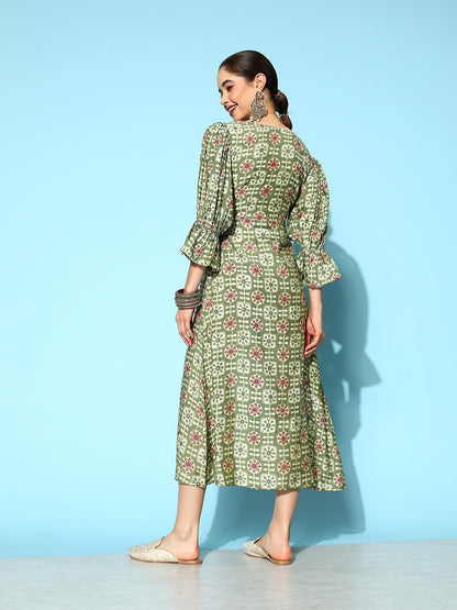 Women's Green Ethnic Motifs A-Line Dress