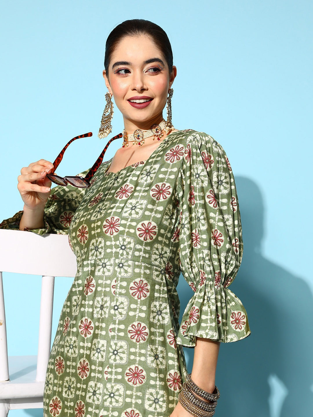 Women's Green Ethnic Motifs A-Line Dress