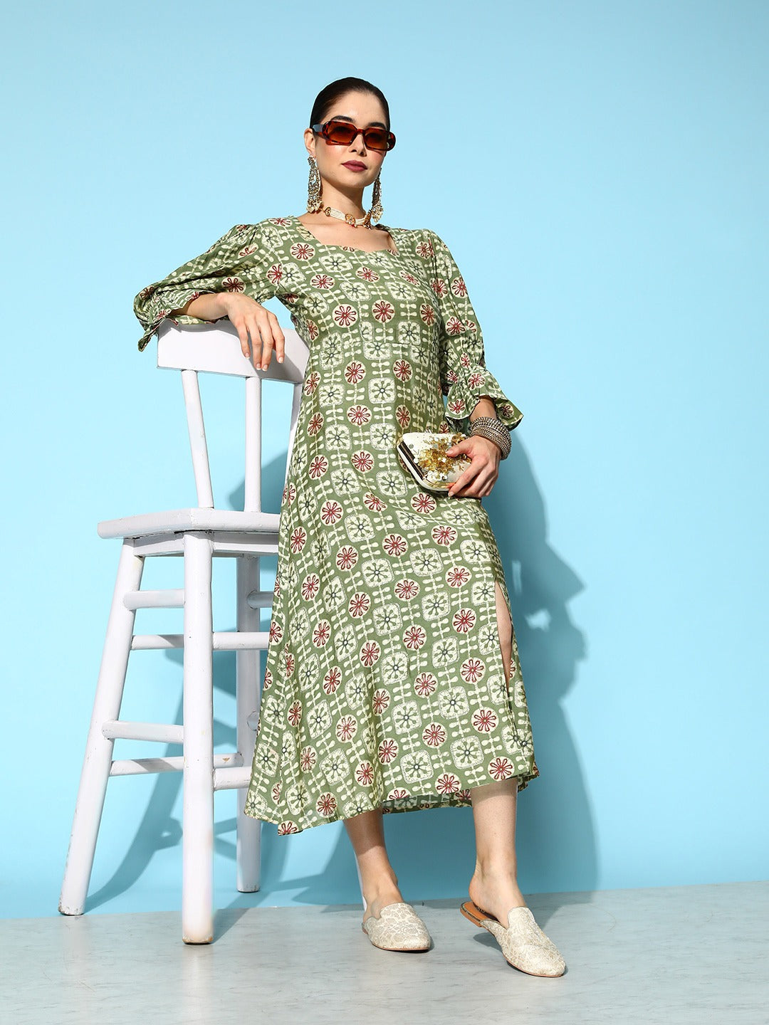 Women's Green Ethnic Motifs A-Line Dress