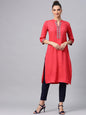 Women's  Coral Pink Solid Straight Kurta With Embroidered Detail