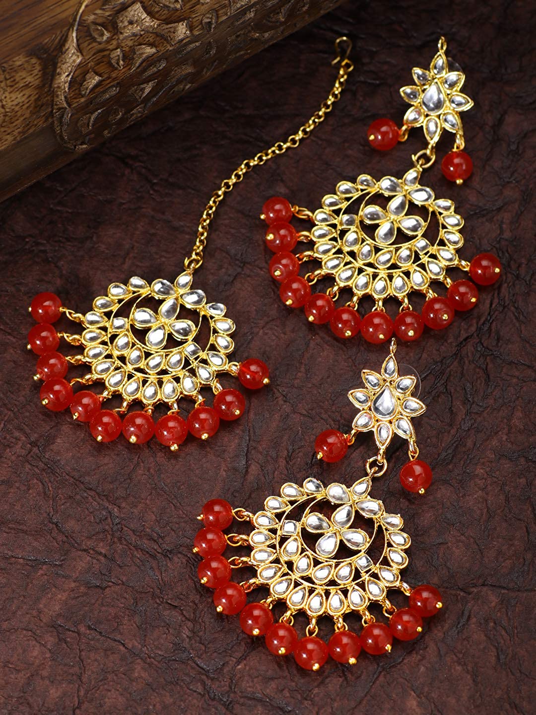 Women's Traditional Gold Plated Chandbali Kundan & Pearl Earring Set with Maang Tikka