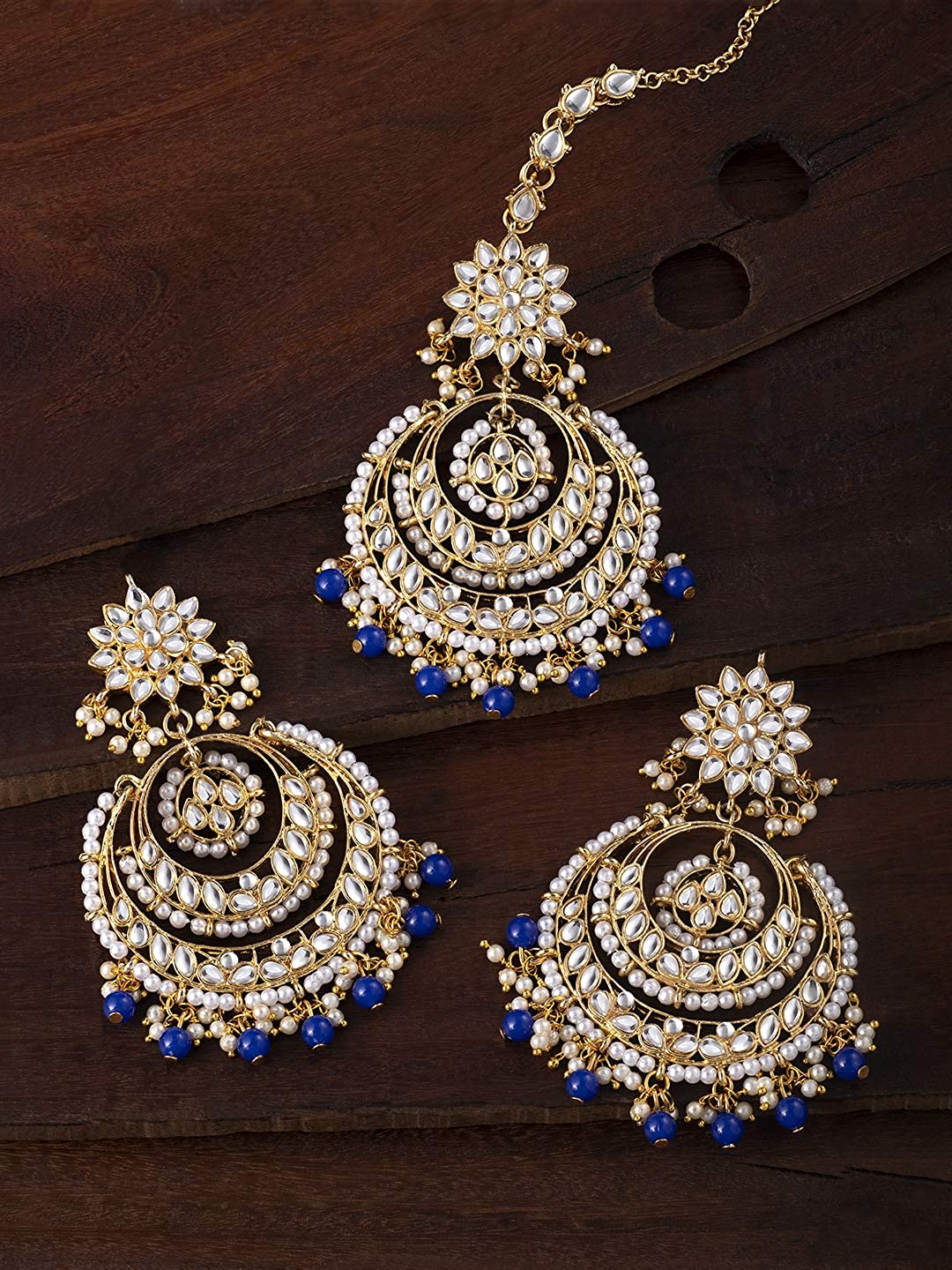 Women's Traditional Gold Plated Chandbali Kundan & Pearl Earring Set with Maang Tikka