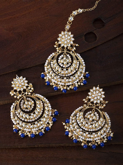 Women's Traditional Gold Plated Chandbali Kundan & Pearl Earring Set with Maang Tikka