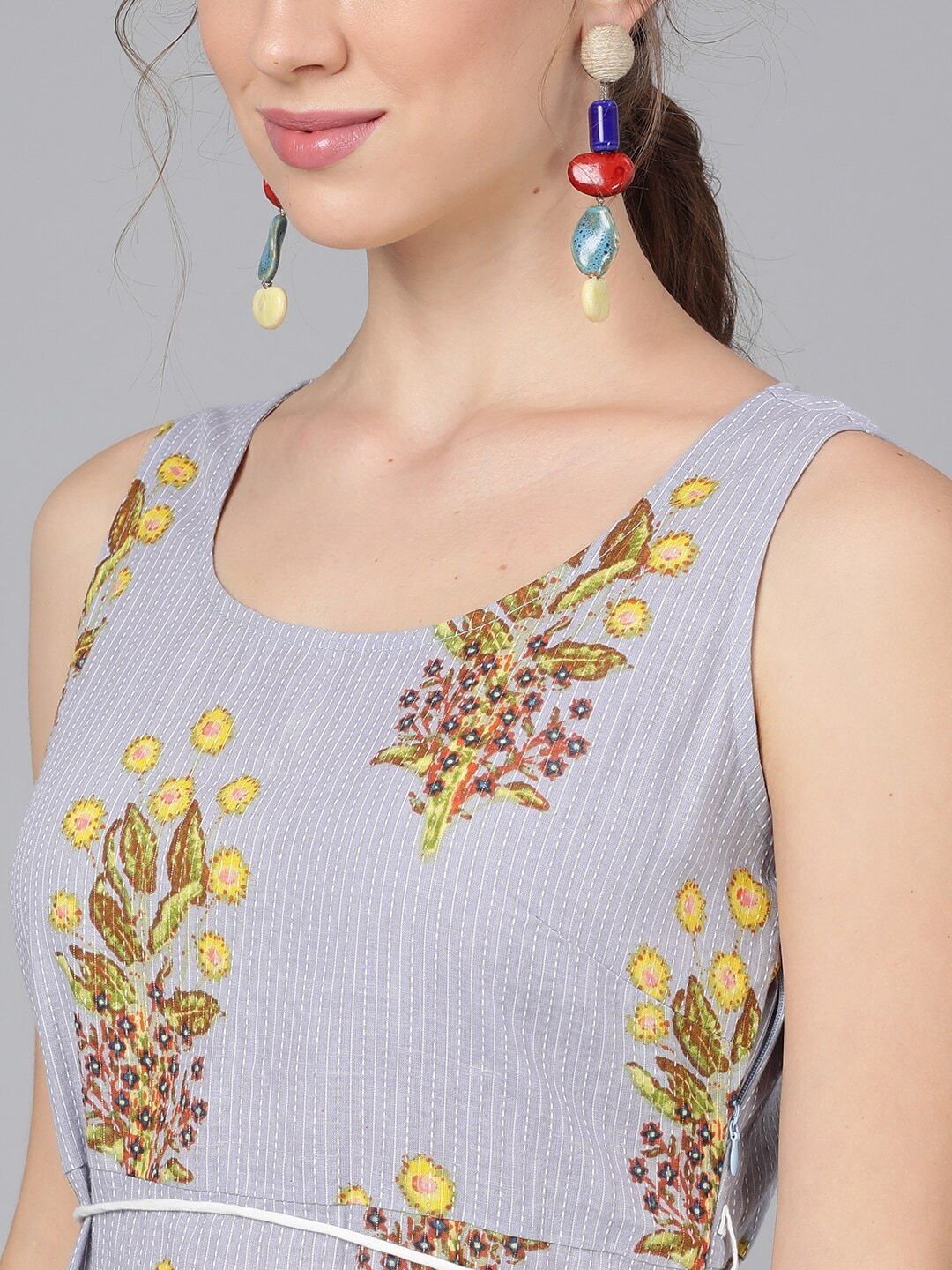 Women's  Grey Printed Kantha Work Maxi Dress