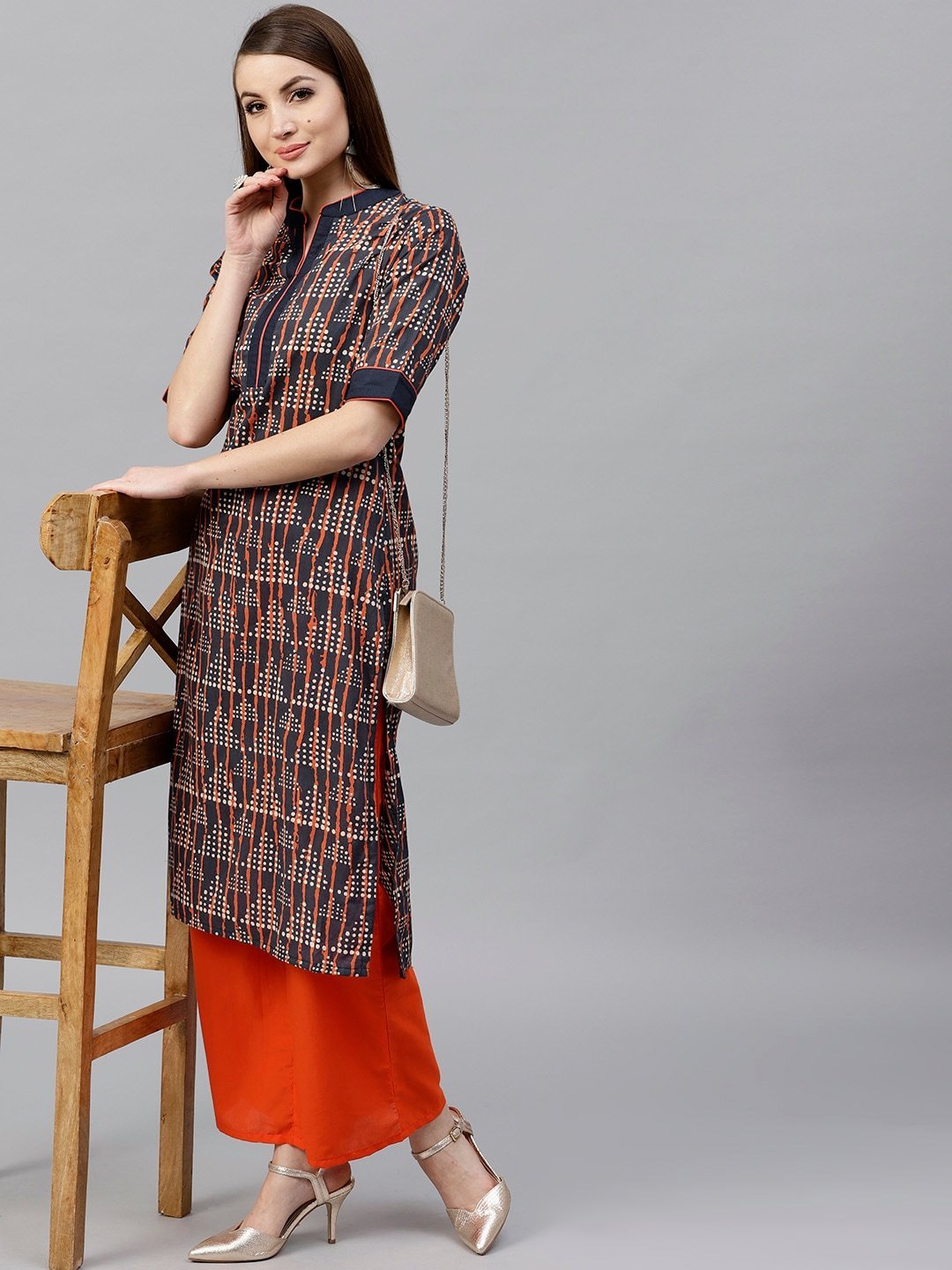Women's  Navy & Orange Printed Kurta with Palazzos
