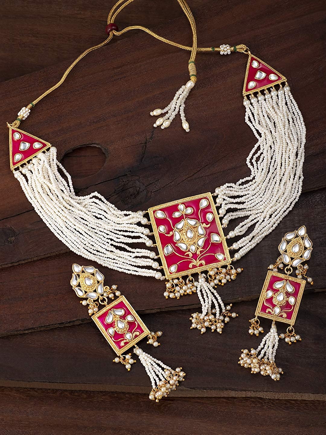 Women's gold plated traditiona padmavati pearl kundan necklace with earrings ml118bl