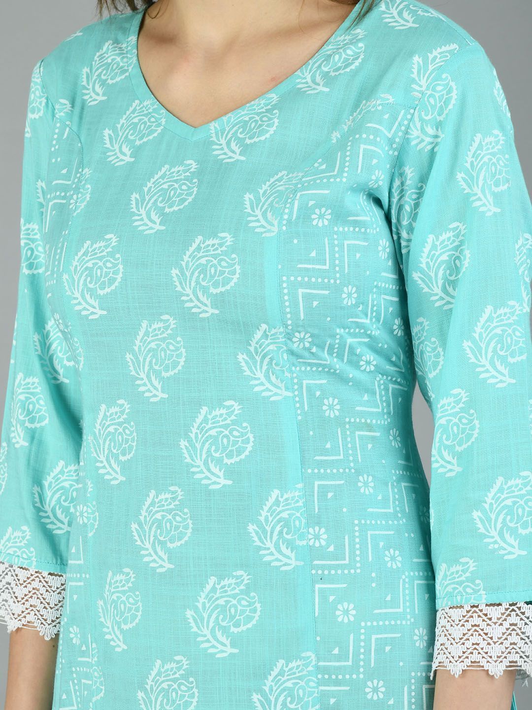 Women's Sky Blue Cotton Printed Full Sleeve V Neck Casual Dress