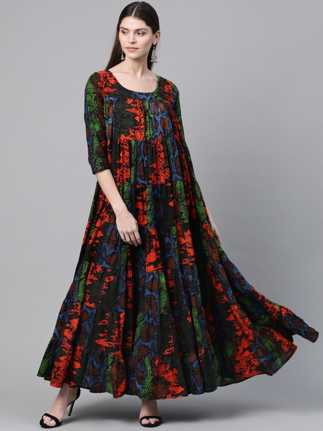 Women's  Black & Orange Animal Printed Tiered Maxi Dress