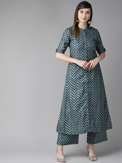 Women's  Teal Blue & Golden Chevron Print A-Line Kurta