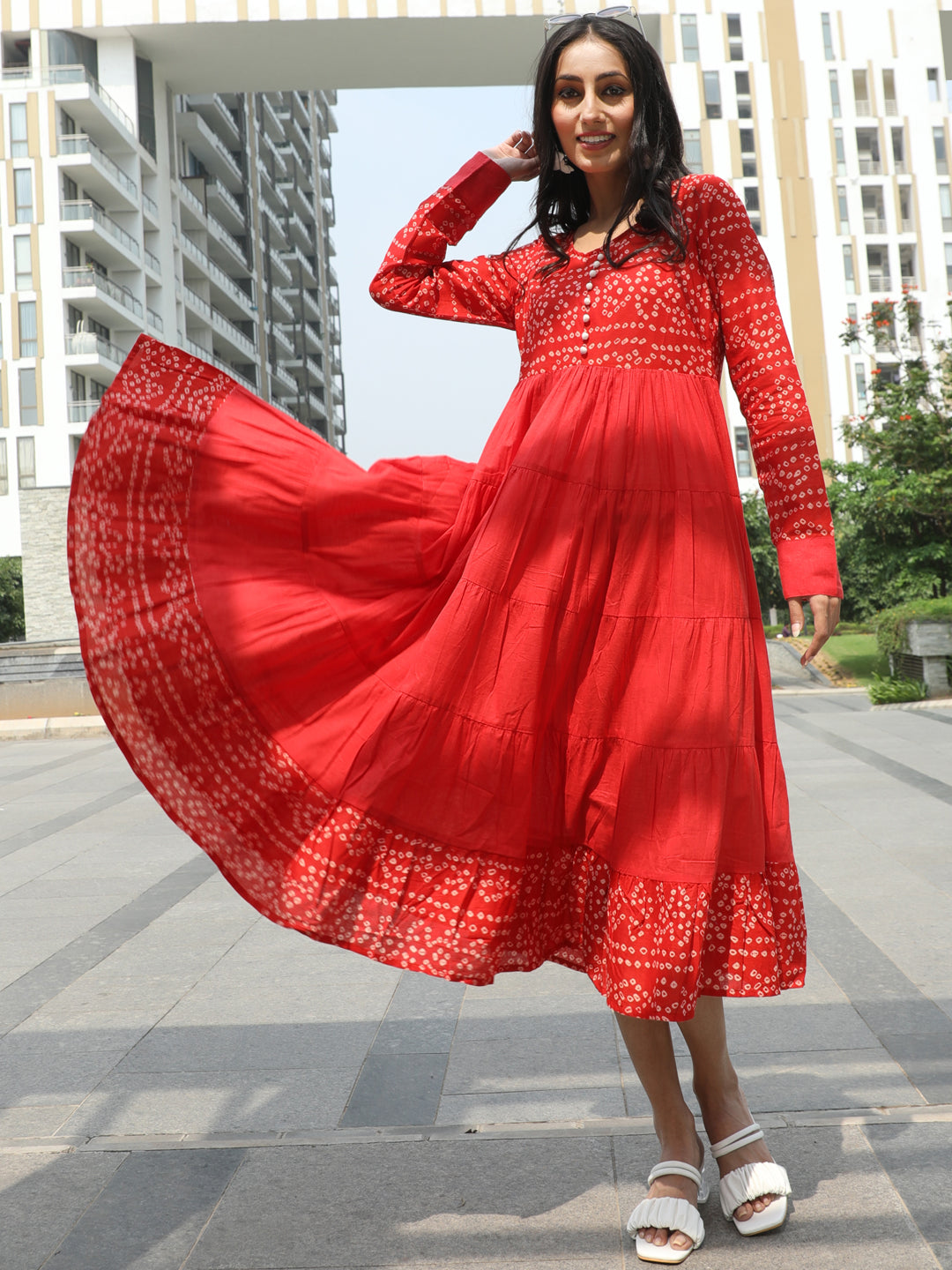 Women's Red Bandhani Print Tiered Anarkali