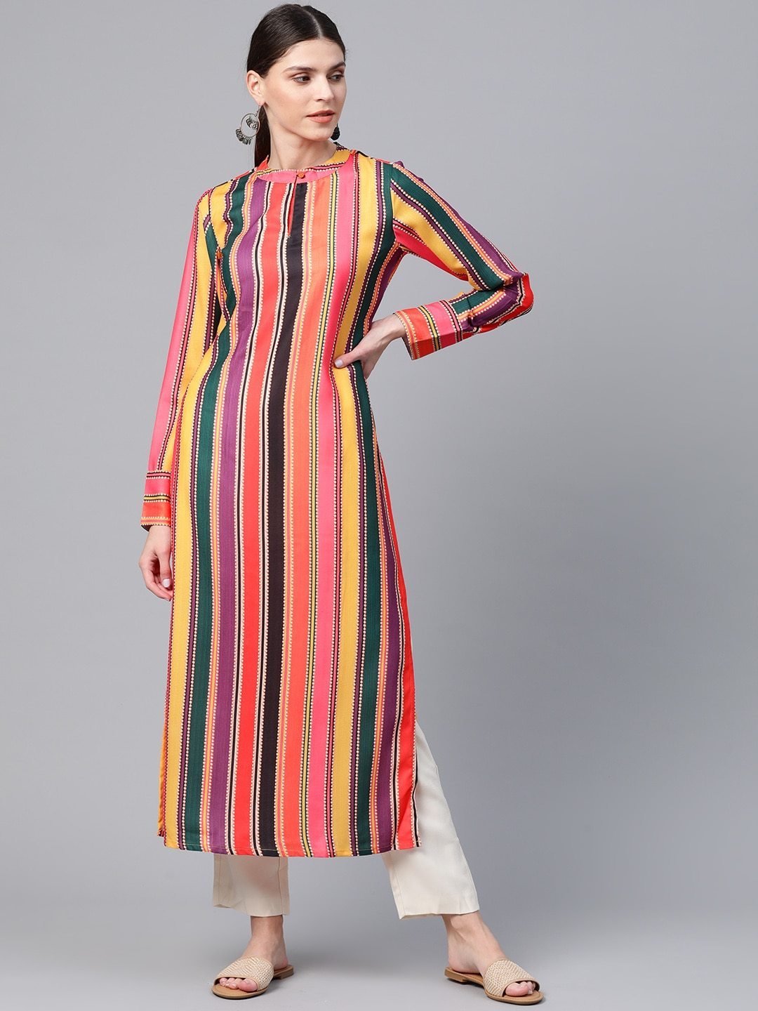 Women's  Multicoloured Striped Straight Kurta