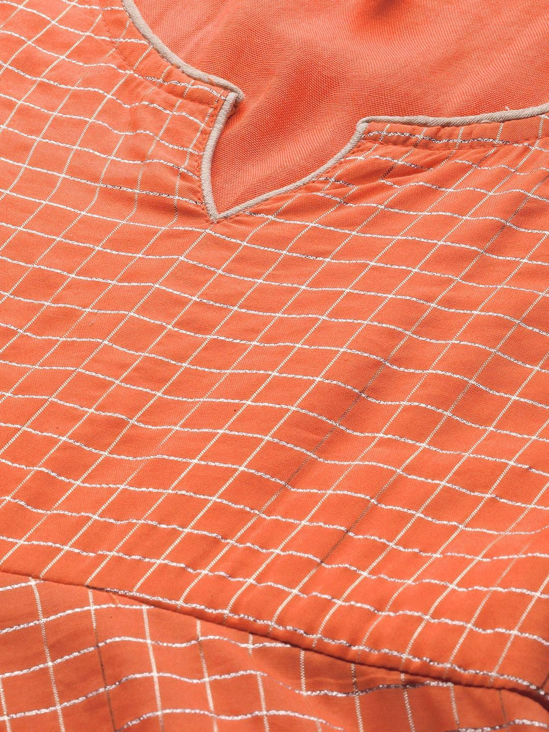 Women's  Orange & Golden Checked Kurta with Palazzos & Dupatta