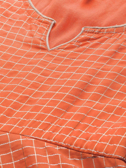 Women's  Orange & Golden Checked Kurta with Palazzos & Dupatta