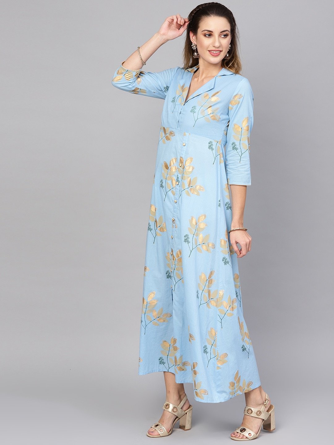 Women's  Blue & Golden Printed Maxi Dress