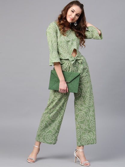 Women's  Green & White Printed Top with Palazzos