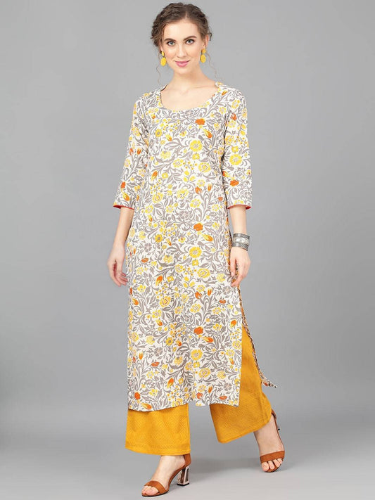 Women's  Grey & Yellow Printed Straight Kurta