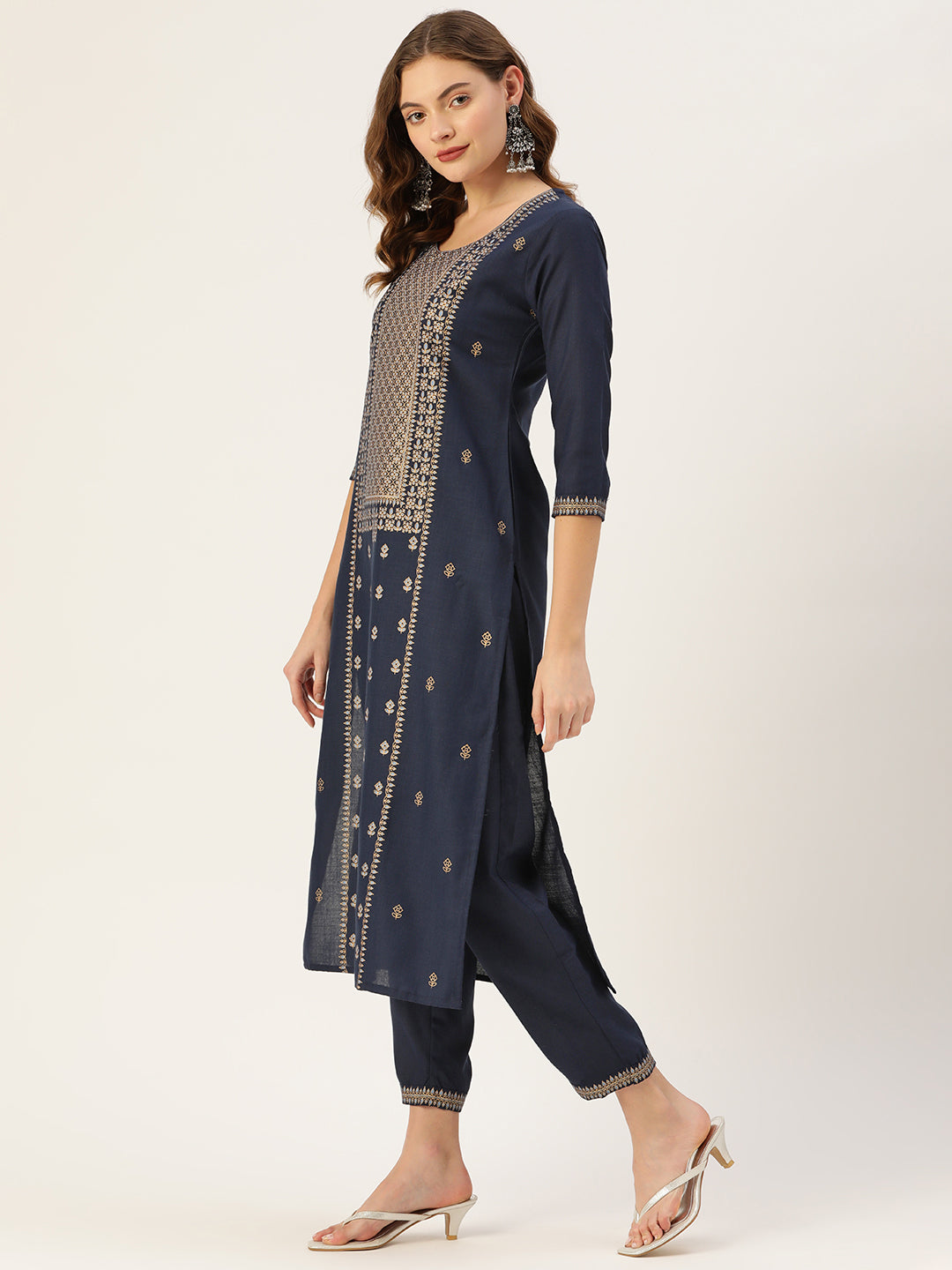 Women's Navy Cotton Blend Panelled Printed Straight Kurta Trouser Set With Dupatta