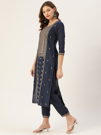 Women's Navy Cotton Blend Panelled Printed Straight Kurta Trouser Set With Dupatta