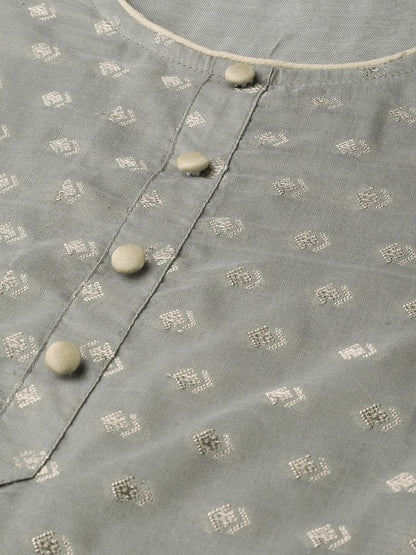 Women's  Grey & Golden Woven Design Kurta with Palazzos
