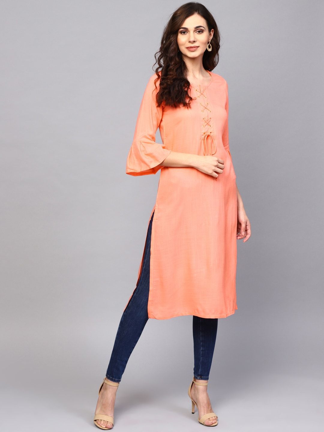Women's  Coral Pink Solid Straight Kurta