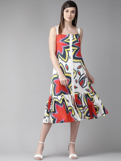 Women's  White & Red Printed A-Line Dress