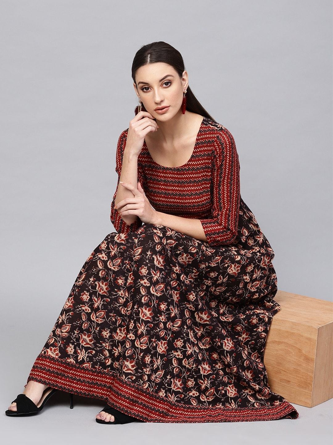 Women's  Brown & Beige Printed Maxi Dress