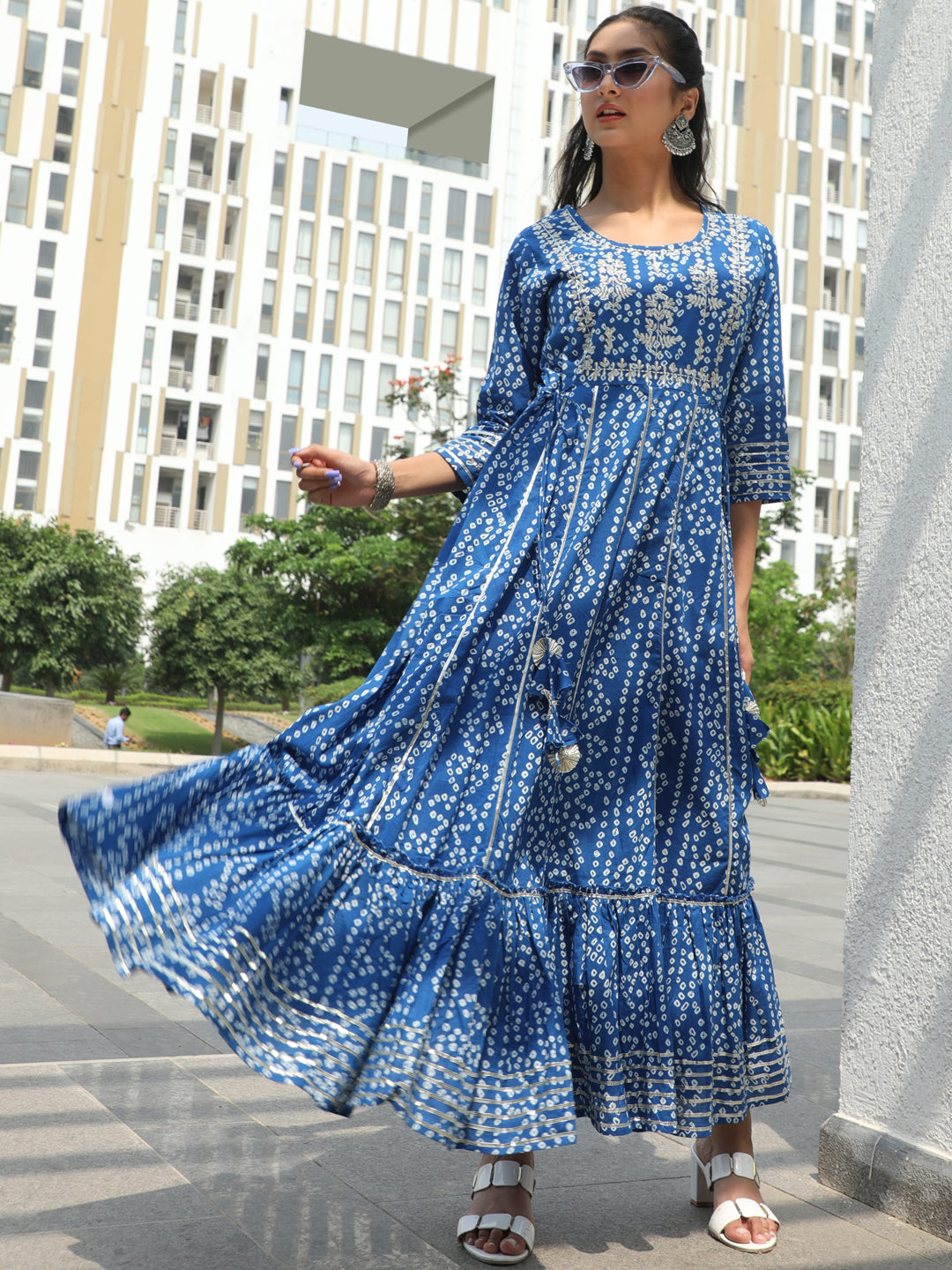 Women's Blue Bandhani Print Maxi Dress