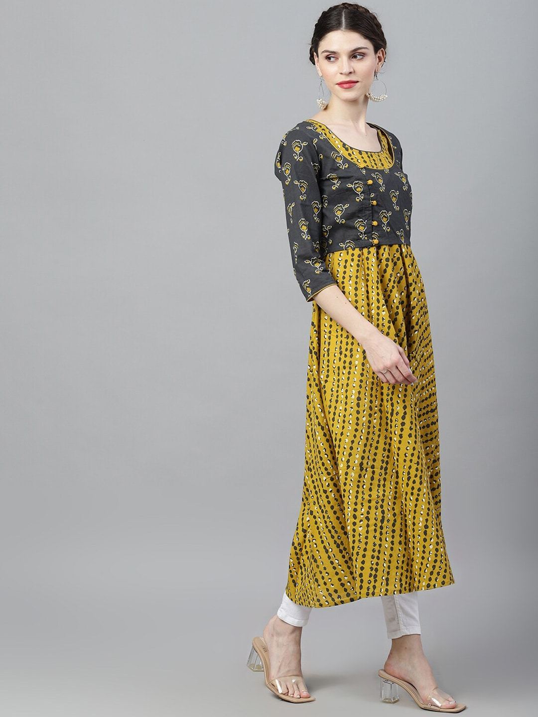 Women's  Mustard & Grey Dyed Anarkali Kurta